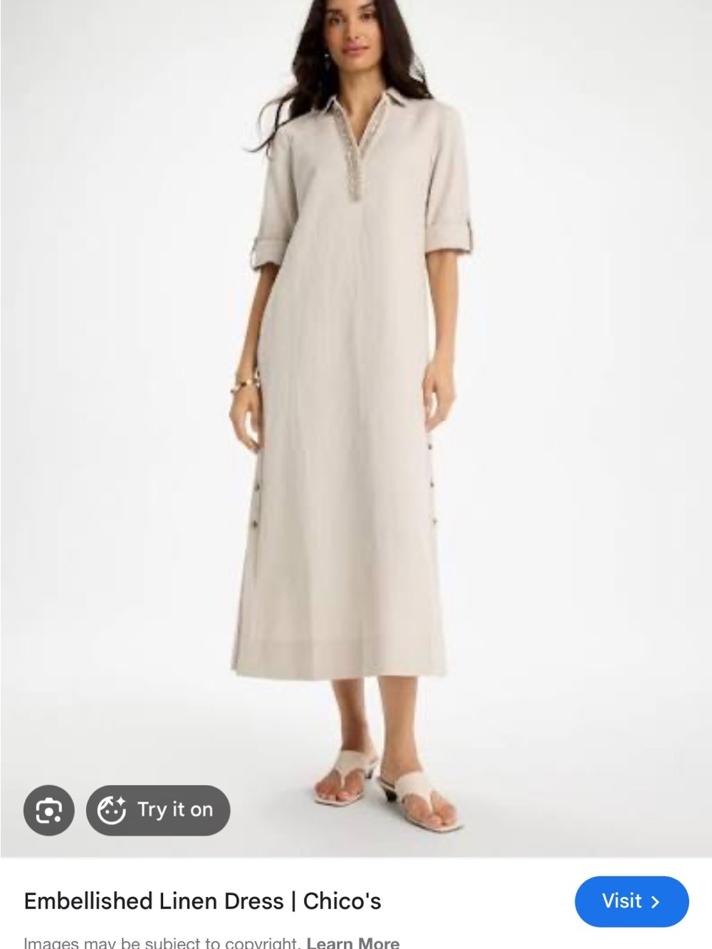 Chico's Neutral Embellished Linen  Dress